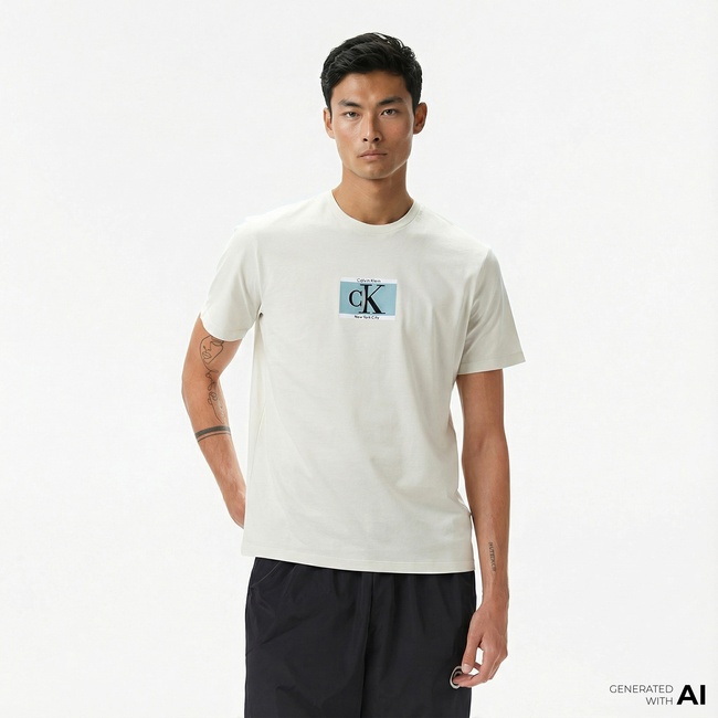  Calvin Klein Box Tape Graphic Erkek Beyaz T-Shirt