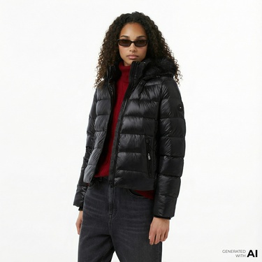  Tommy Hilfiger Gloss Down Slim Kadın Siyah Puffer Mont