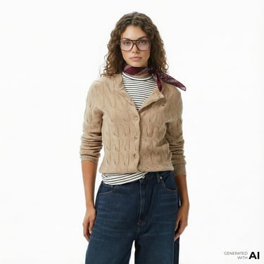  Tommy Hilfiger Soft Wool Cable Cardigan Kadın Bej Hırka