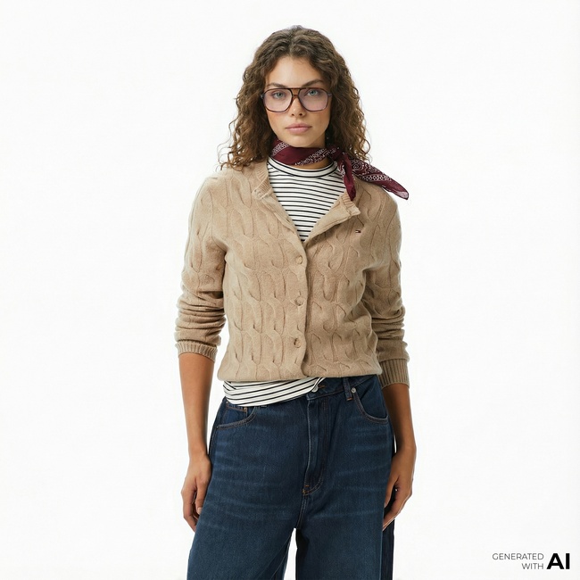  Tommy Hilfiger Soft Wool Cable Cardigan Kadın Bej Hırka