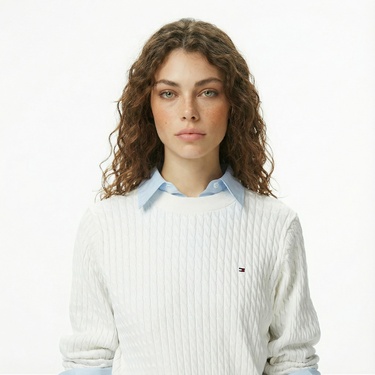  Tommy Hilfiger Cable Fine Kadın Beyaz Kazak