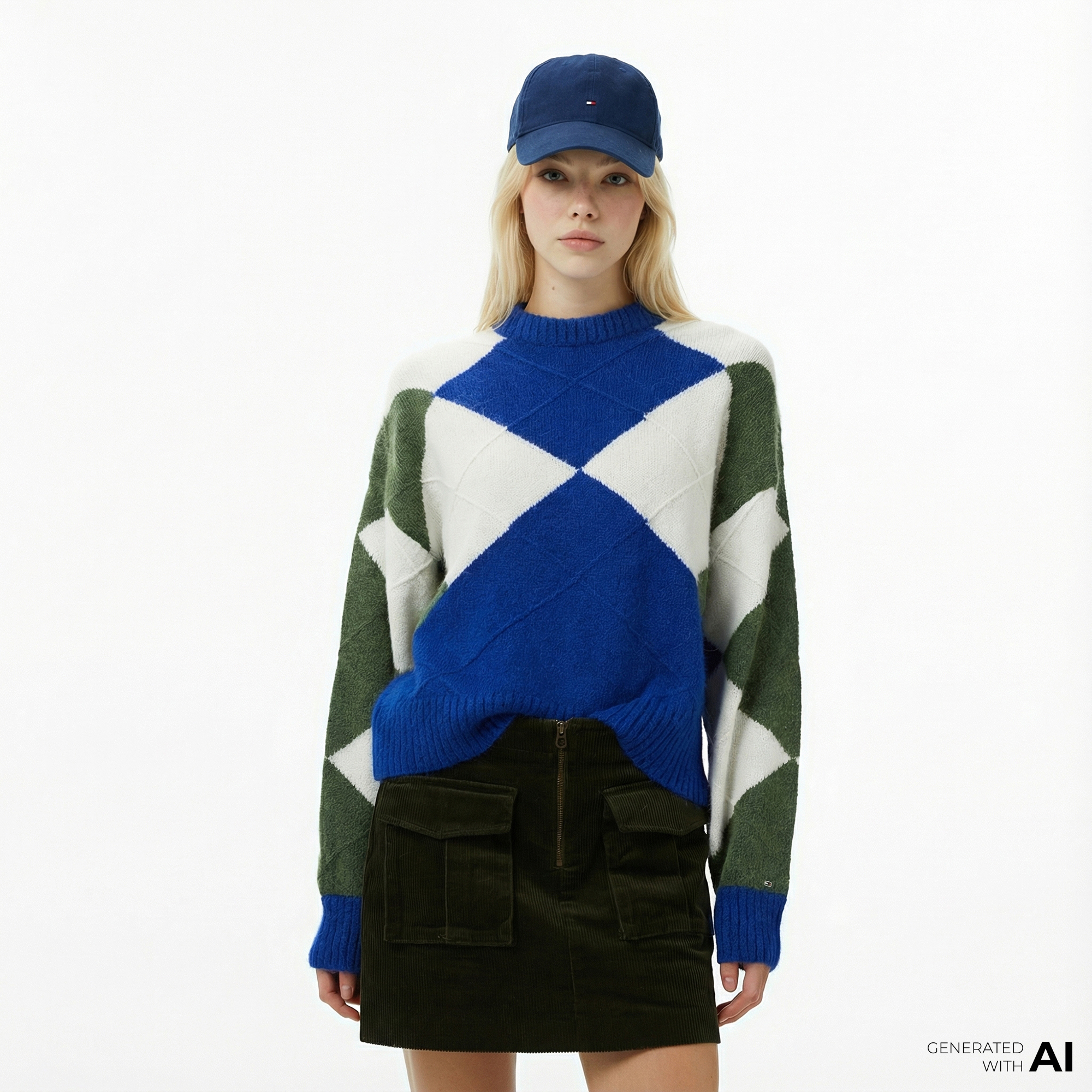  Tommy Hilfiger Alpaca Blend Argyle Kadın Mavi Kazak