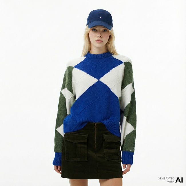  Tommy Hilfiger Alpaca Blend Argyle Kadın Mavi Kazak