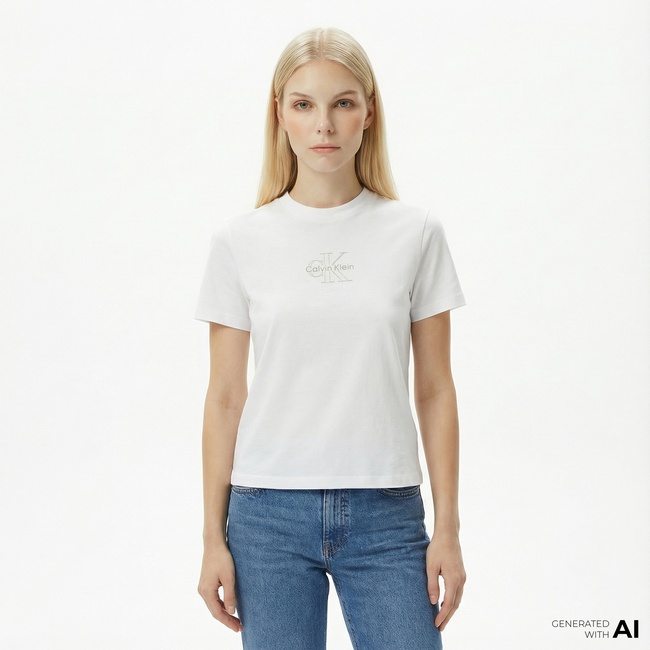  Calvin Klein Classic Foil Monologo Kadın Beyaz T-Shirt