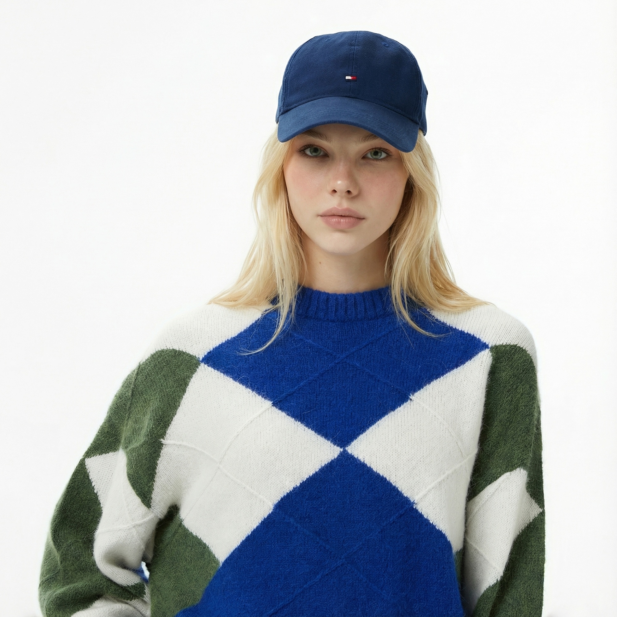 Tommy Hilfiger Alpaca Blend Argyle Kadın Mavi Kazak