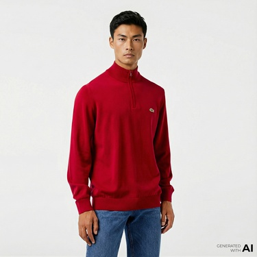  Lacoste Erkek Regular Fit Yarım Fermuarlı Kırmızı Kazak