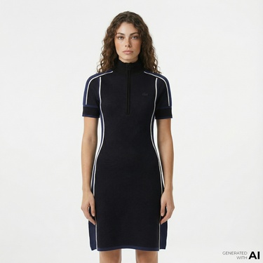  Lacoste Kadın Classic Fit Kısa Kollu Yarım Fermuarlı Renk Bloklu Siyah Elbise