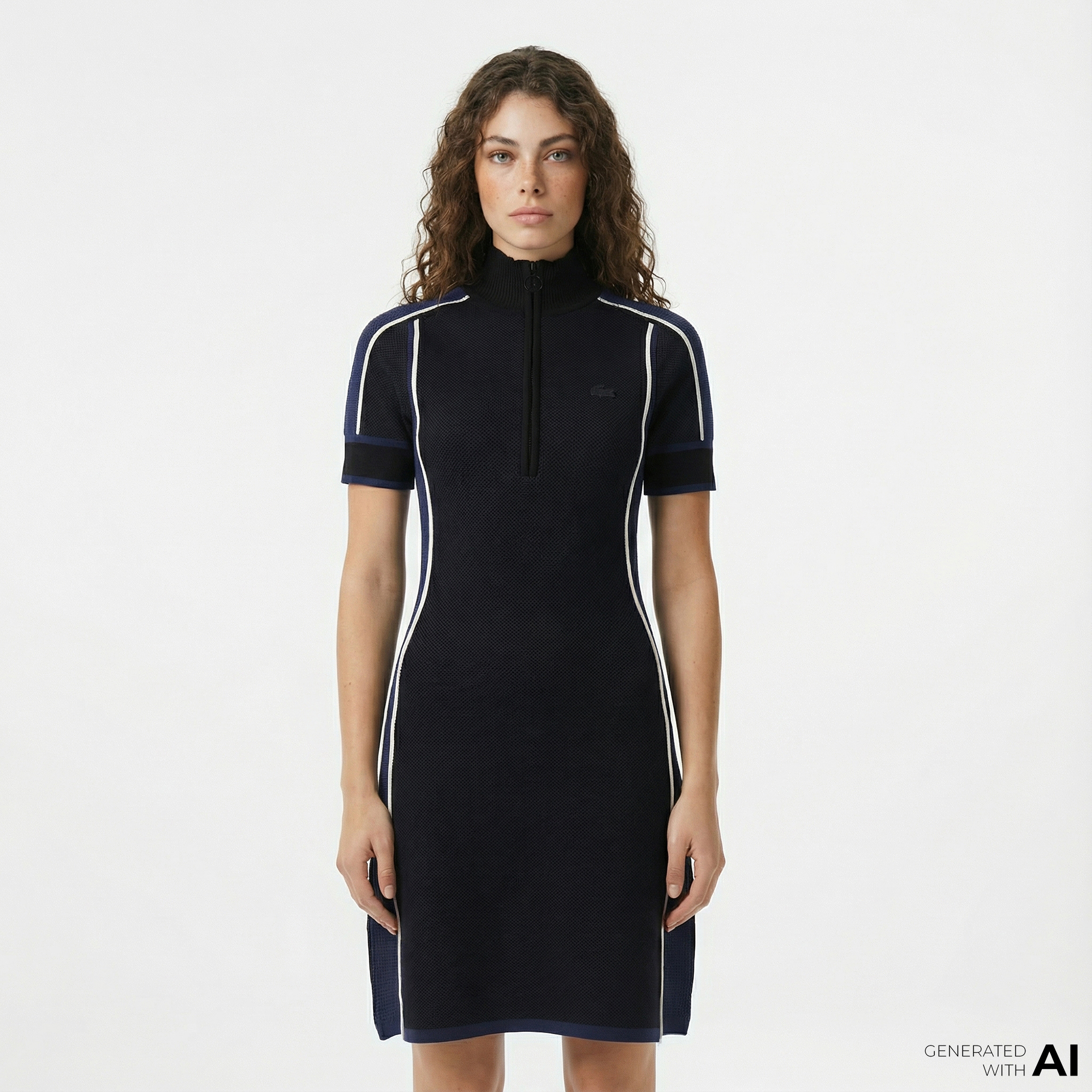  Lacoste Kadın Classic Fit Kısa Kollu Yarım Fermuarlı Renk Bloklu Siyah Elbise