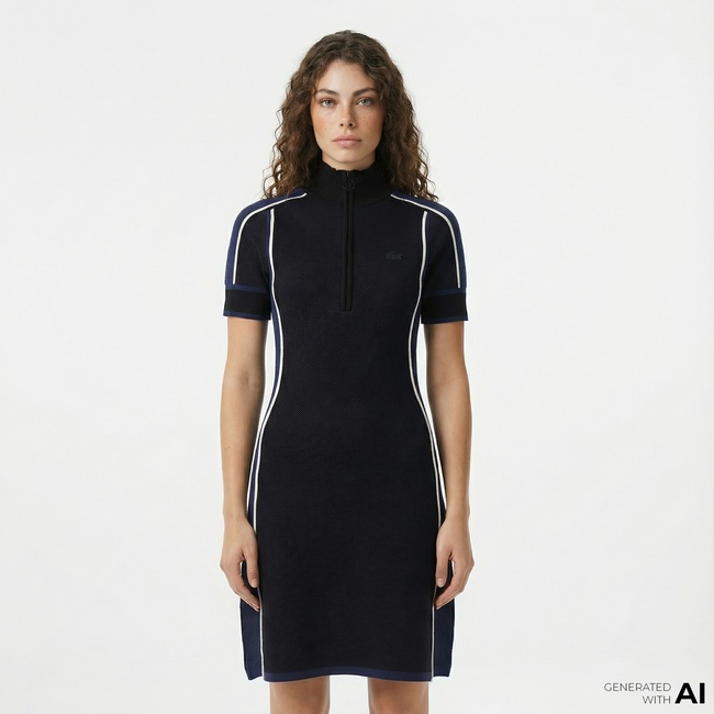  Lacoste Kadın Classic Fit Kısa Kollu Yarım Fermuarlı Renk Bloklu Siyah Elbise