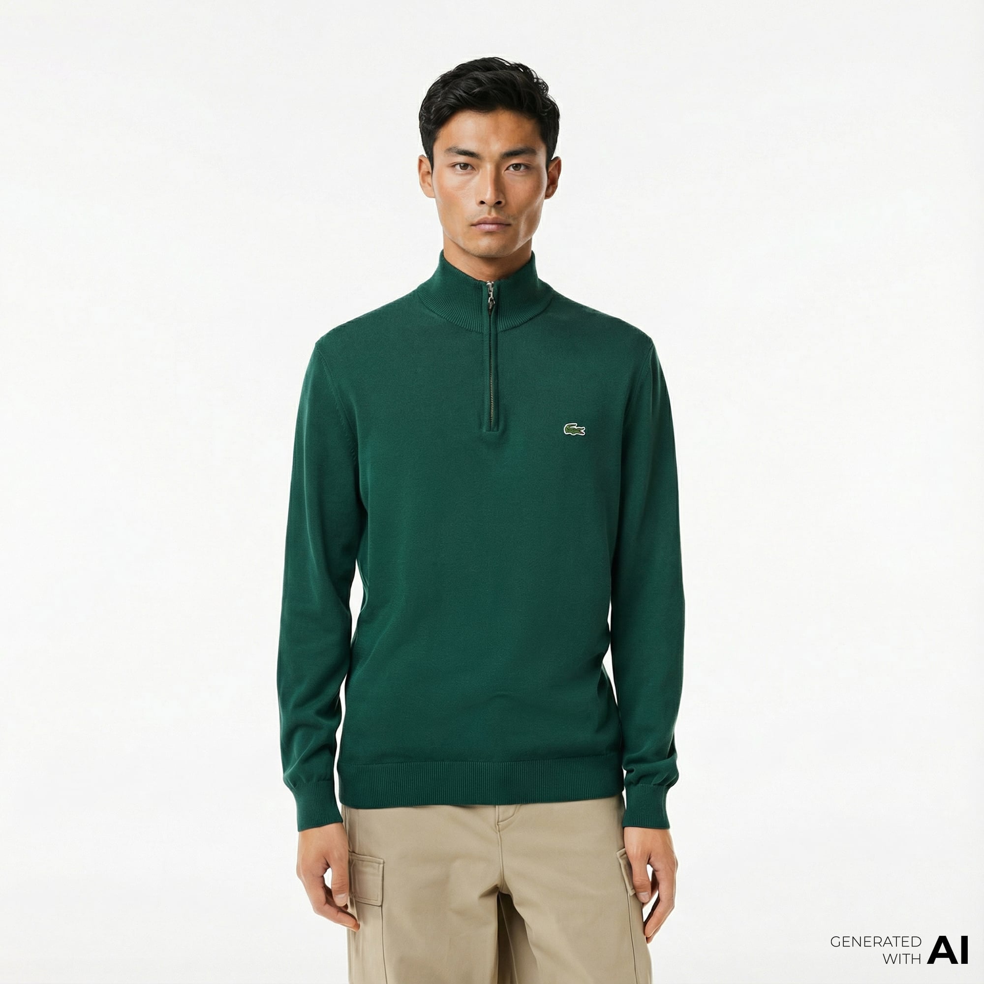  Lacoste Erkek Regular Fit Yarım Fermuarlı Koyu Yeşil Kazak