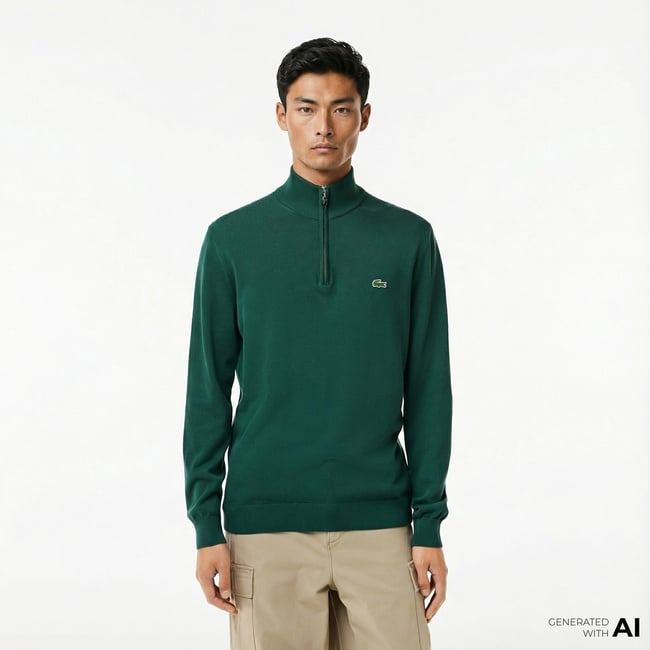  Lacoste Erkek Regular Fit Yarım Fermuarlı Koyu Yeşil Kazak