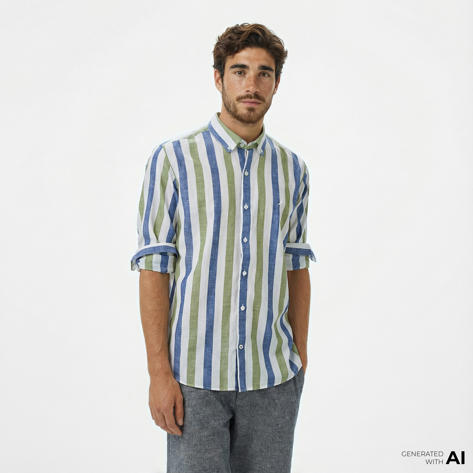  Nautica Erkek Yeşil Classic Fit Çizgili Gömlek