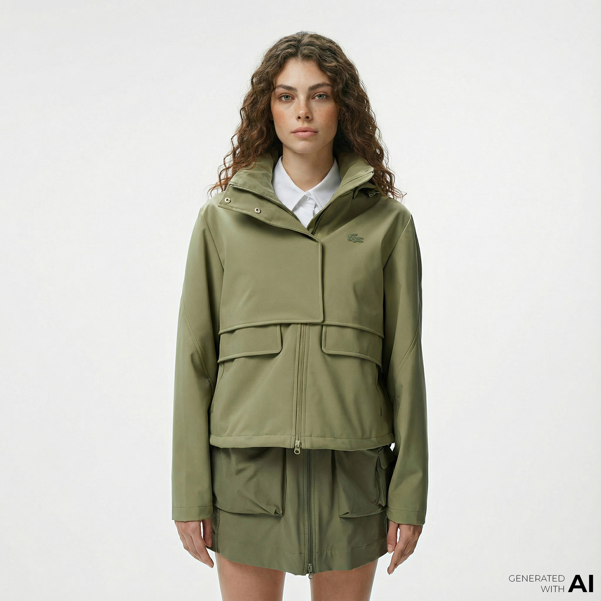  Lacoste Kadın Relaxed Fit Kapüşonlu Yeşil Yağmurluk