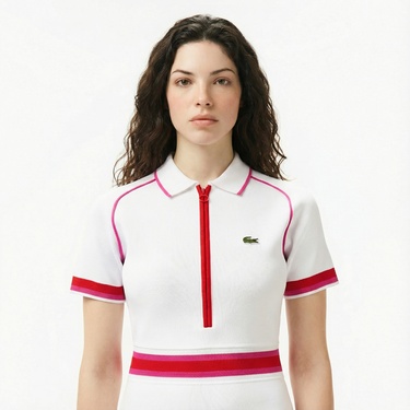  Lacoste Kadın Classic Fit Kısa Kollu Polo Yaka Renk Bloklu Beyaz Elbise