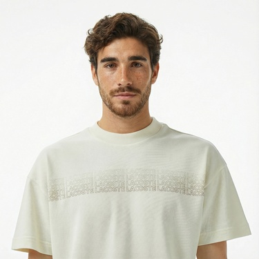  Lacoste Erkek Oversize Fit Bisiklet Yaka Baskılı Beyaz T-Shirt