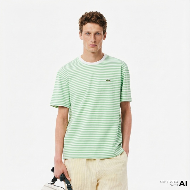  Lacoste Erkek Classic Fit Bisiklet Yaka Çizgili Açık Yeşil T-Shirt
