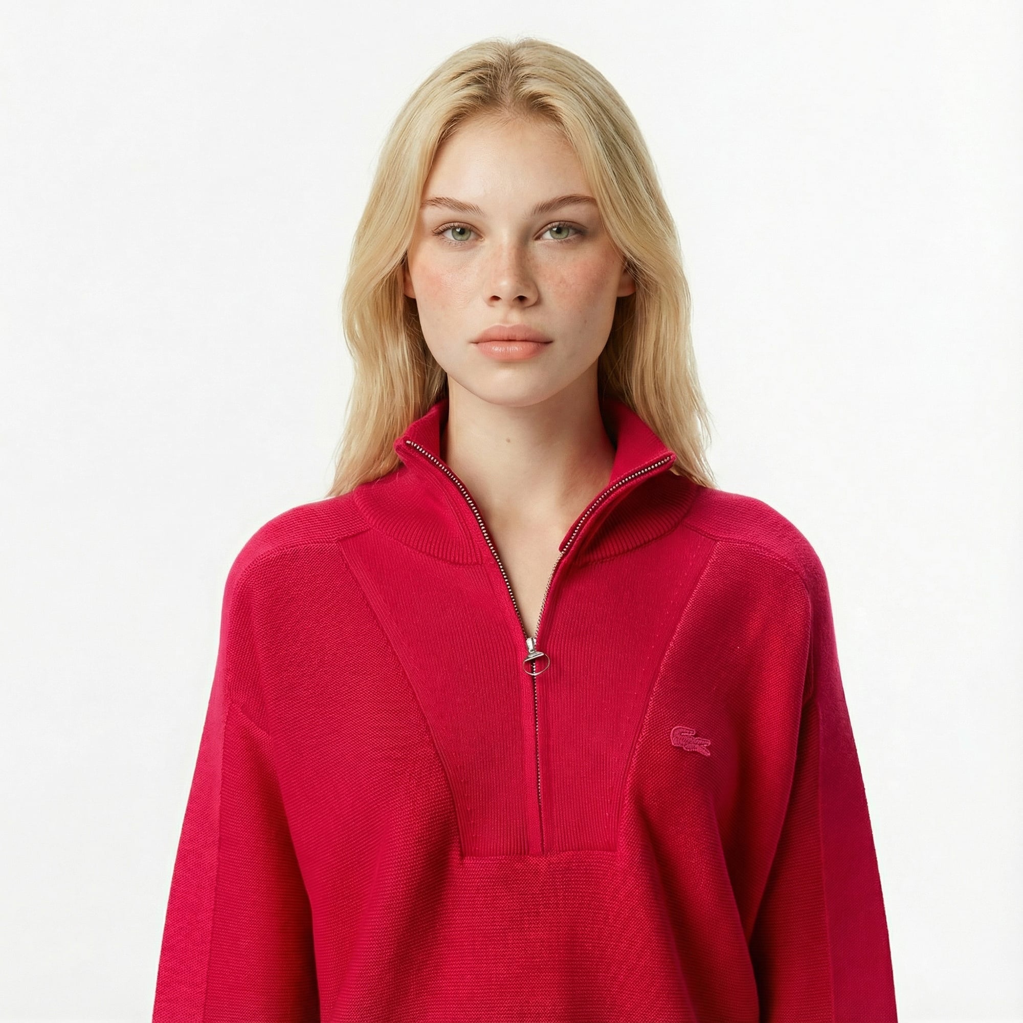 Lacoste Kadın Classic Fit Yarım Fermuarlı Kırmızı Kazak