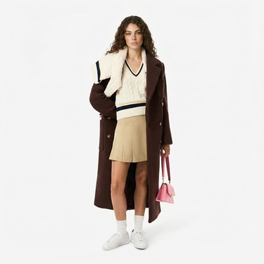  Lacoste Kadın Relaxed Fit Yün Kahverengi Kaban