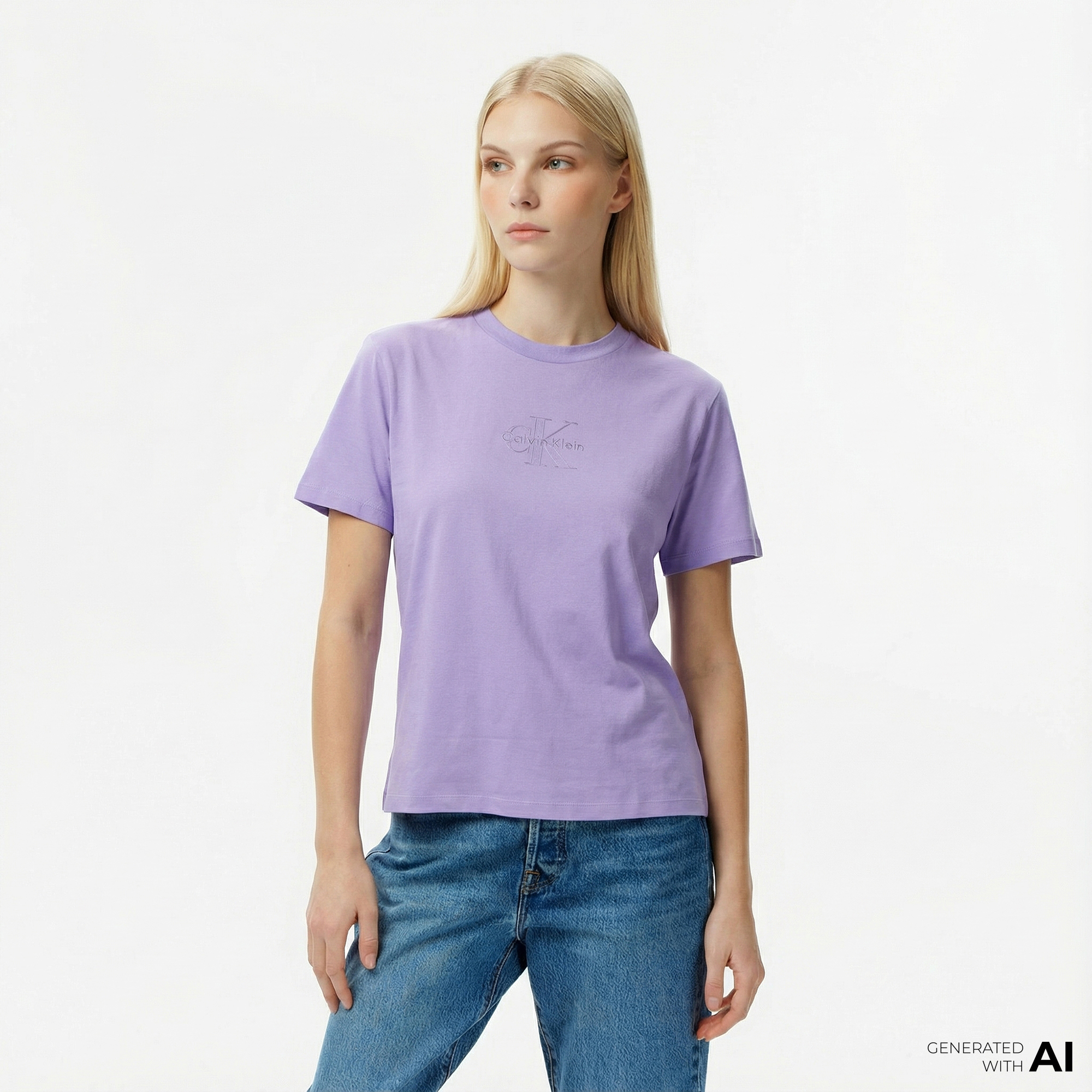  Calvin Klein Classic Foil Monologo Kadın Mor T-Shirt