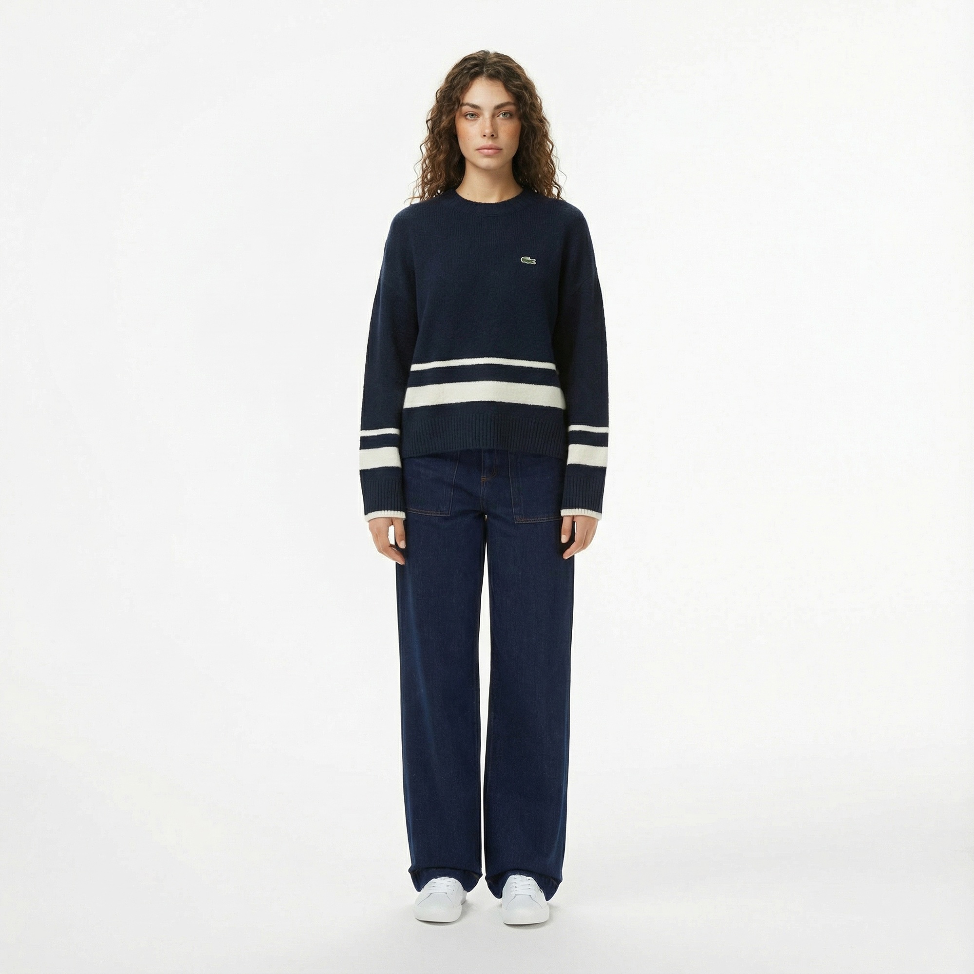 Lacoste Kadın Loose Fit Bisiklet Yaka Çizgili Lacivert Kazak