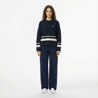  Lacoste Kadın Loose Fit Bisiklet Yaka Çizgili Lacivert Kazak