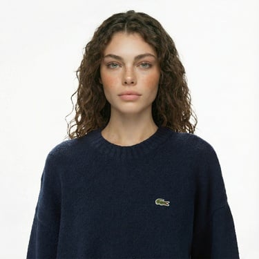  Lacoste Kadın Loose Fit Bisiklet Yaka Çizgili Lacivert Kazak