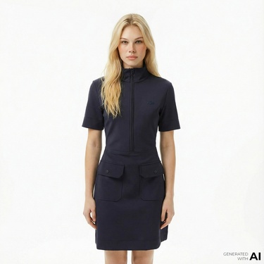  Lacoste Kadın Classic Fit Kısa Kollu Dik Yaka Koyu Mavi Elbise