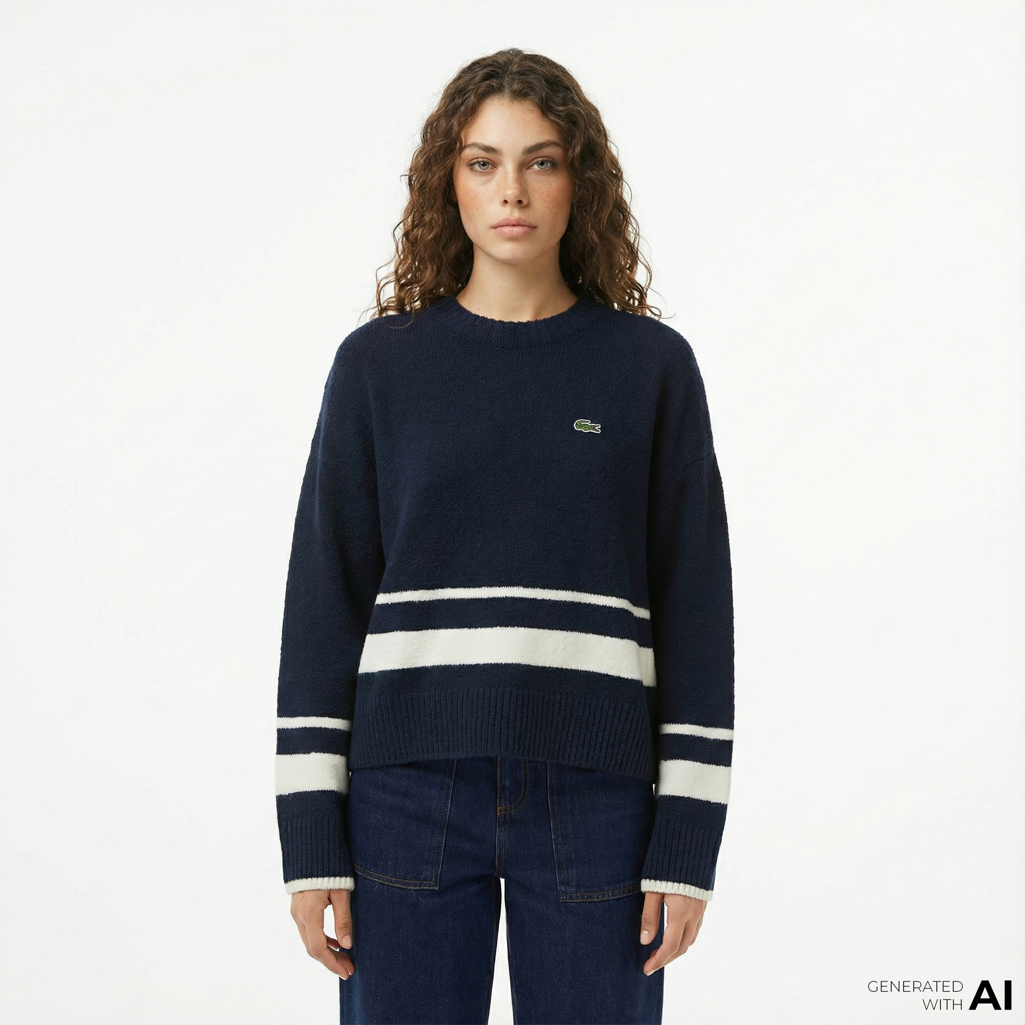  Lacoste Kadın Loose Fit Bisiklet Yaka Çizgili Lacivert Kazak