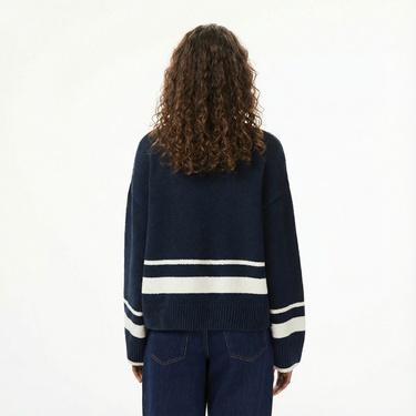  Lacoste Kadın Loose Fit Bisiklet Yaka Çizgili Lacivert Kazak