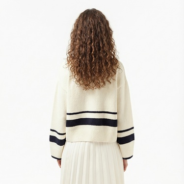  Lacoste Kadın Loose Fit Bisiklet Yaka Çizgili Krem Kazak