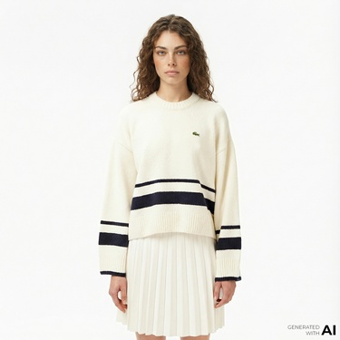  Lacoste Kadın Loose Fit Bisiklet Yaka Çizgili Krem Kazak