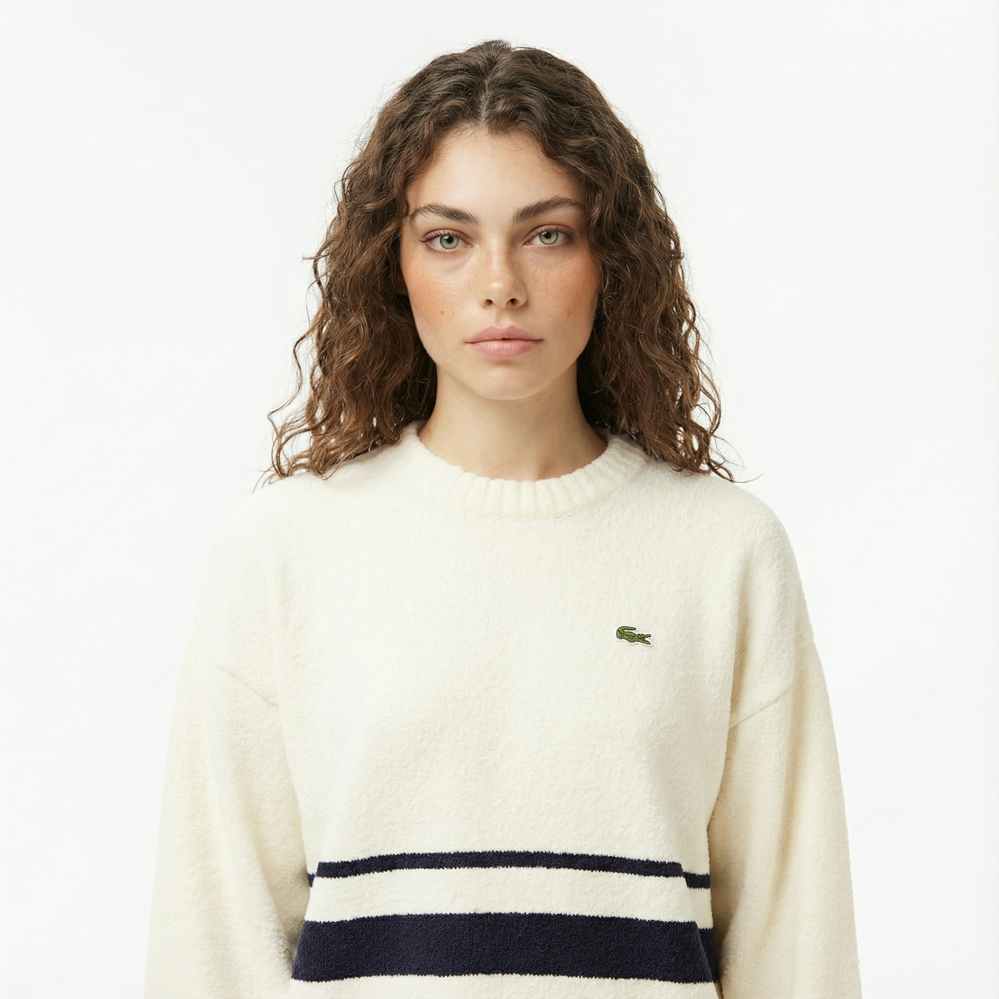  Lacoste Kadın Loose Fit Bisiklet Yaka Çizgili Krem Kazak