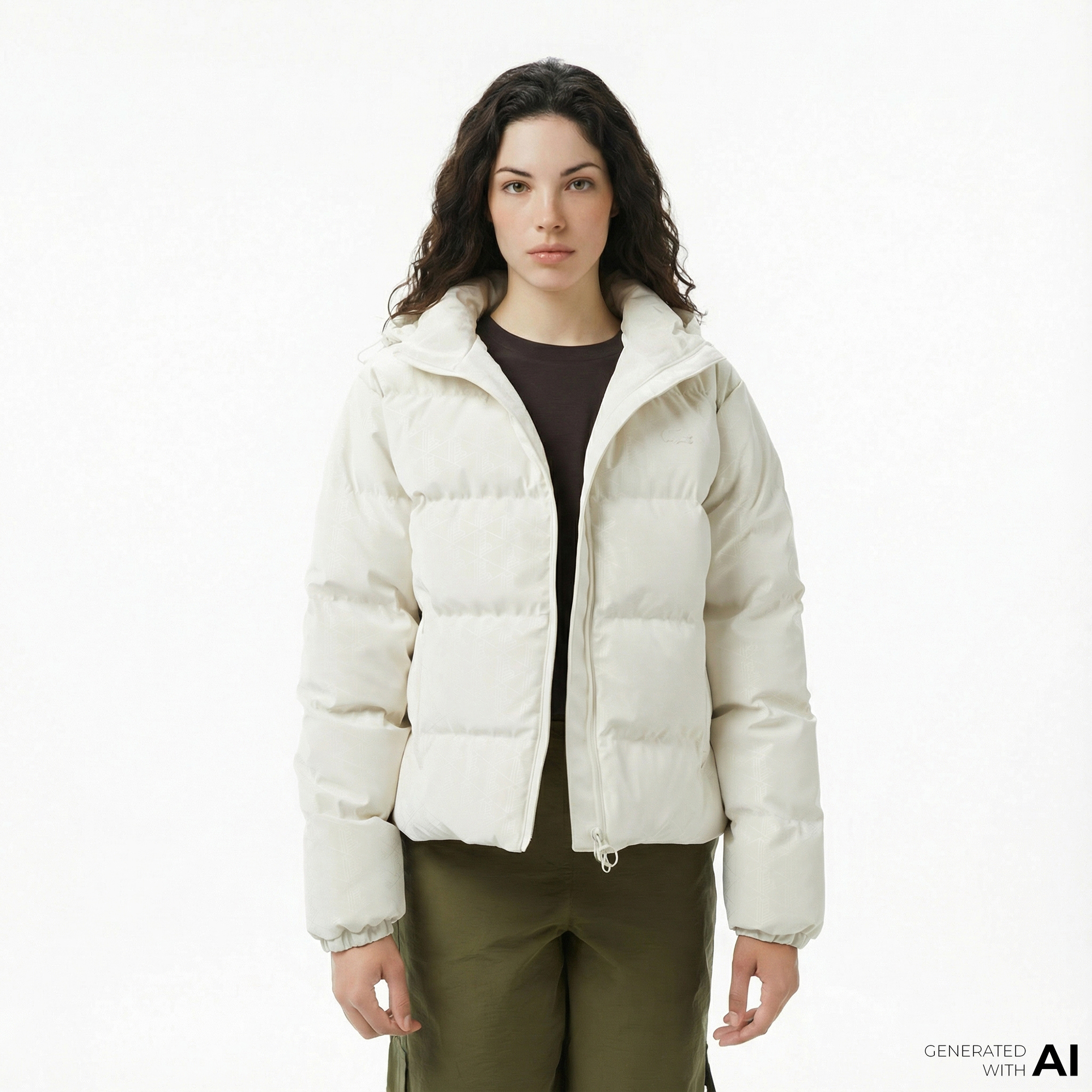  Lacoste Kadın Kapüşonlu Monogram Beyaz Mont