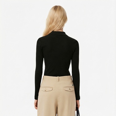  Lacoste L.12.D Kadın Slim Fit Uzun Kollu Siyah Polo