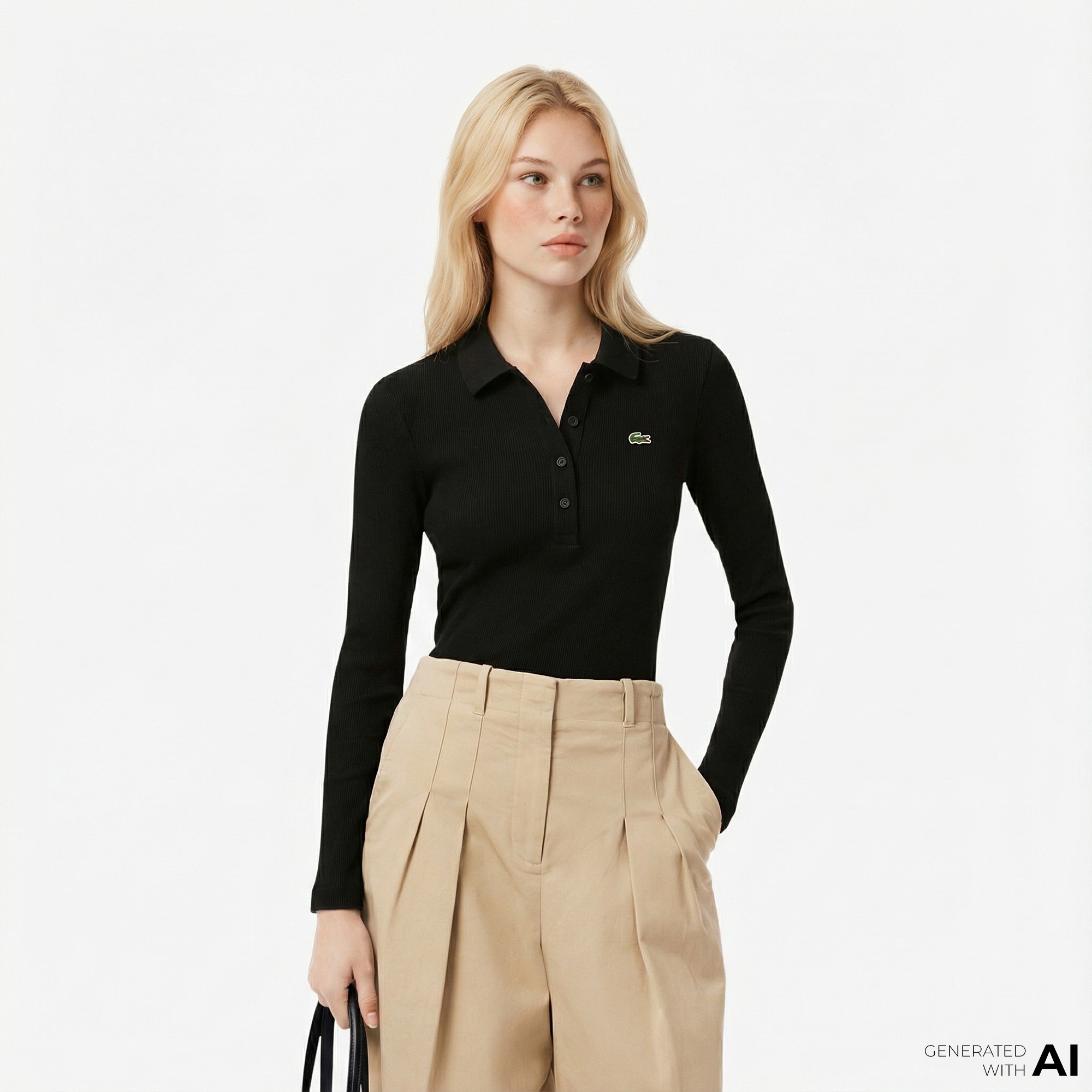 Lacoste L.12.D Kadın Slim Fit Uzun Kollu Siyah Polo