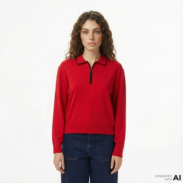  Lacoste Kadın Regular Fit Polo Yaka Kırmızı Kazak