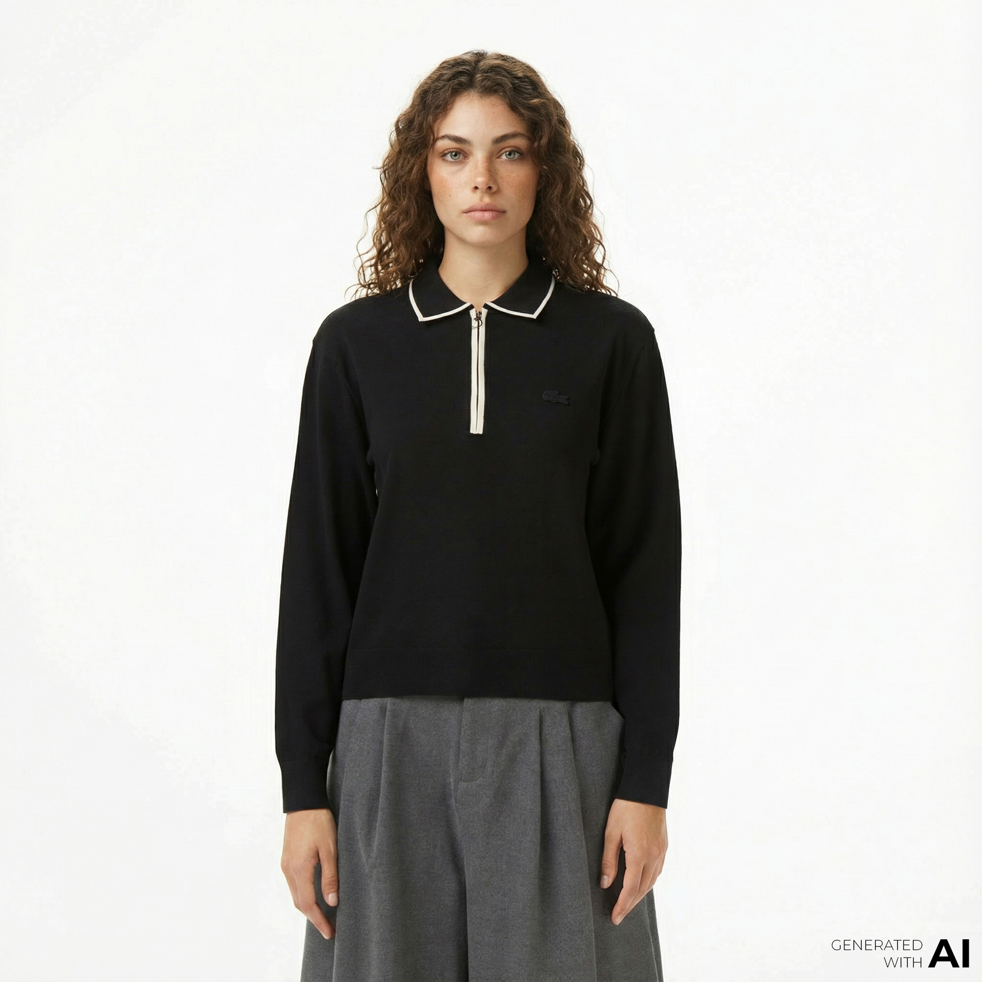  Lacoste Kadın Regular Fit Polo Yaka Siyah Kazak