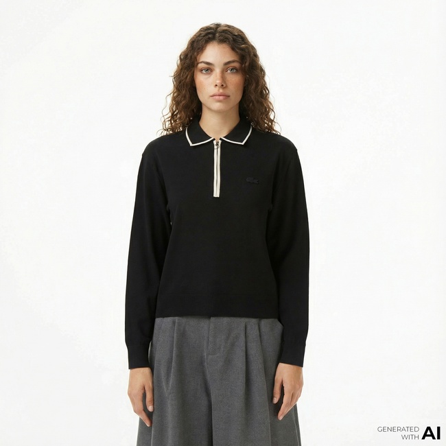  Lacoste Kadın Regular Fit Polo Yaka Siyah Kazak