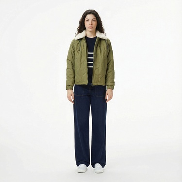  Lacoste Kadın Gömlek Yaka Baskılı Haki Ceket