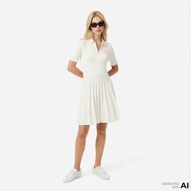  Lacoste Kadın Relaxed Fit Kısa Kollu Polo Yaka Beyaz Elbise