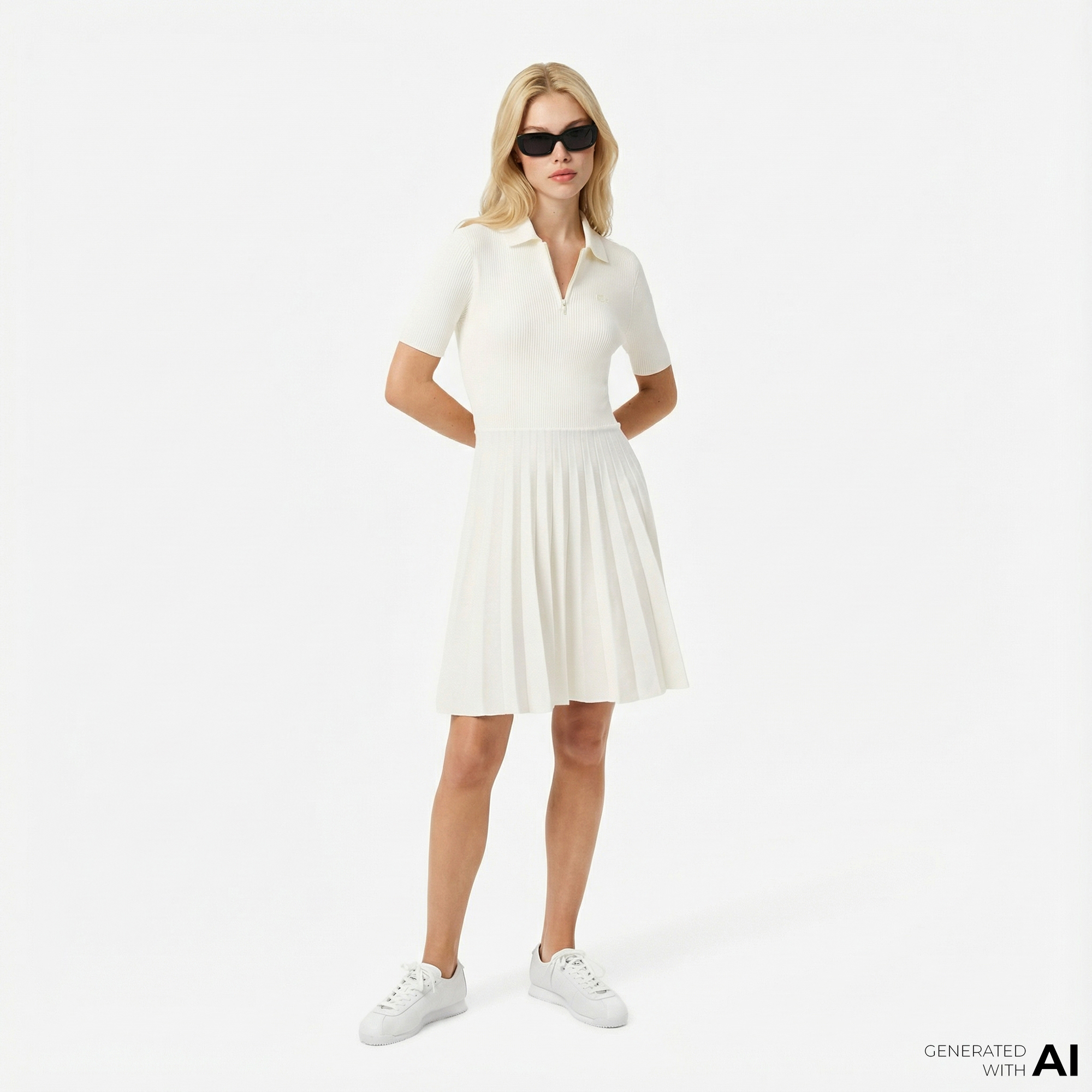  Lacoste Kadın Relaxed Fit Kısa Kollu Polo Yaka Beyaz Elbise