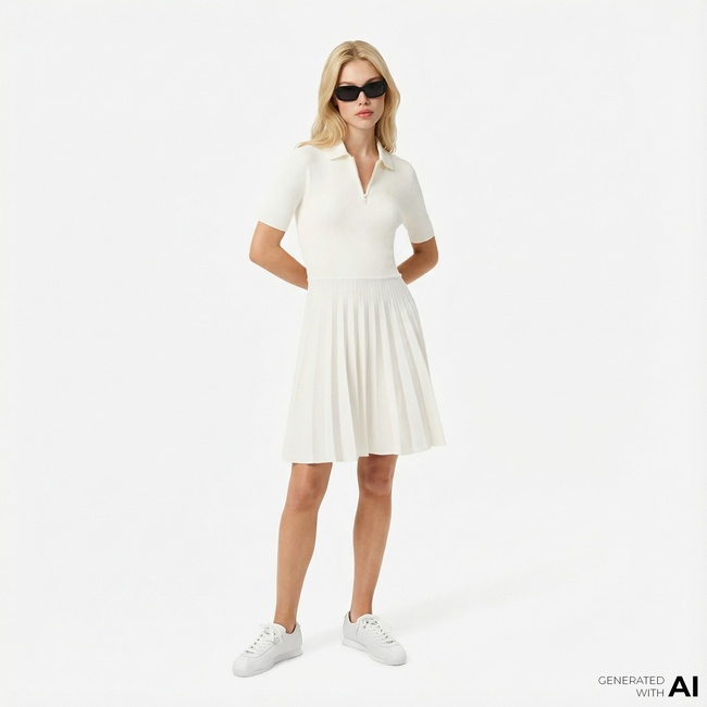  Lacoste Kadın Relaxed Fit Kısa Kollu Polo Yaka Beyaz Elbise