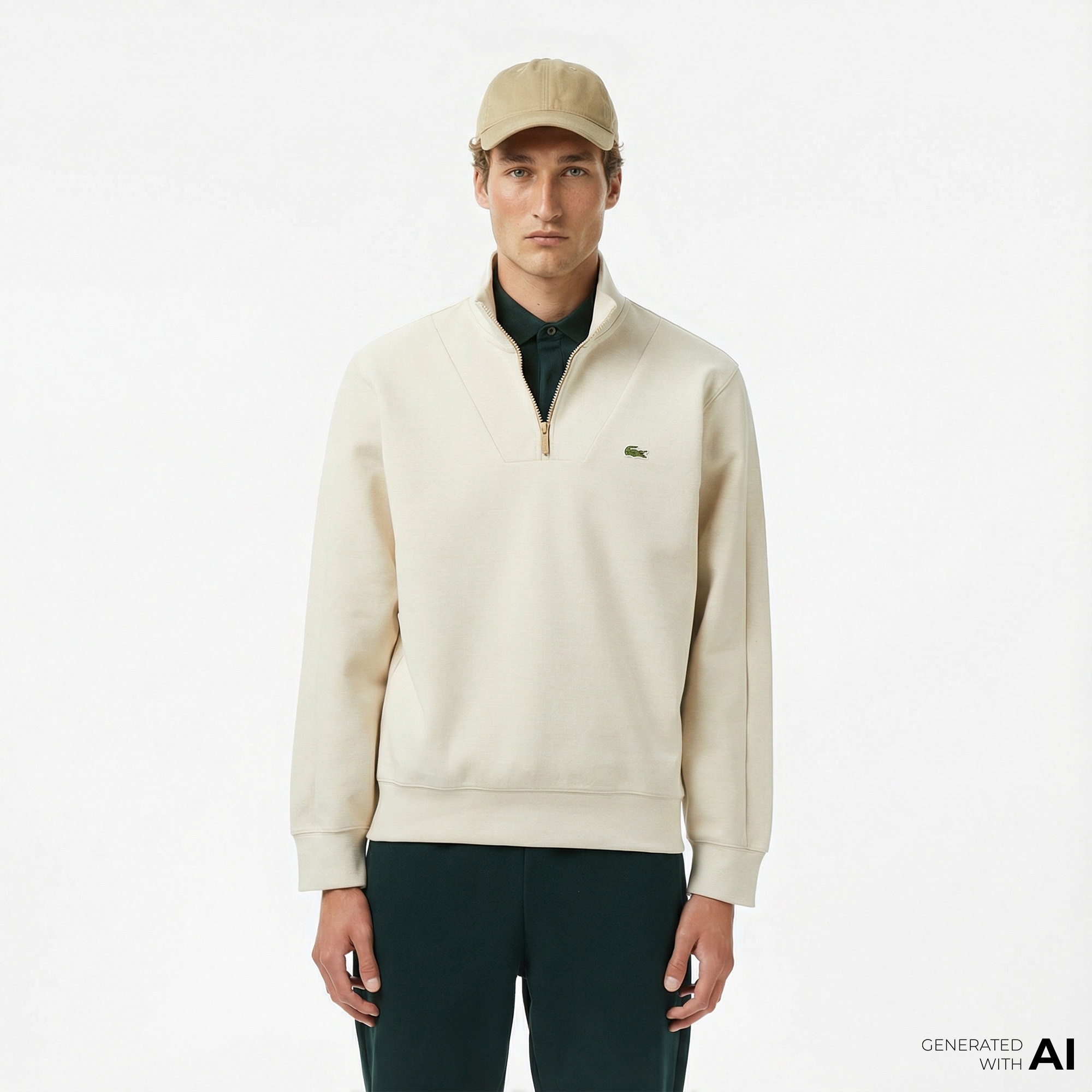 Lacoste Erkek Classic Fit Yarım Fermuarlı Krem Sweatshirt