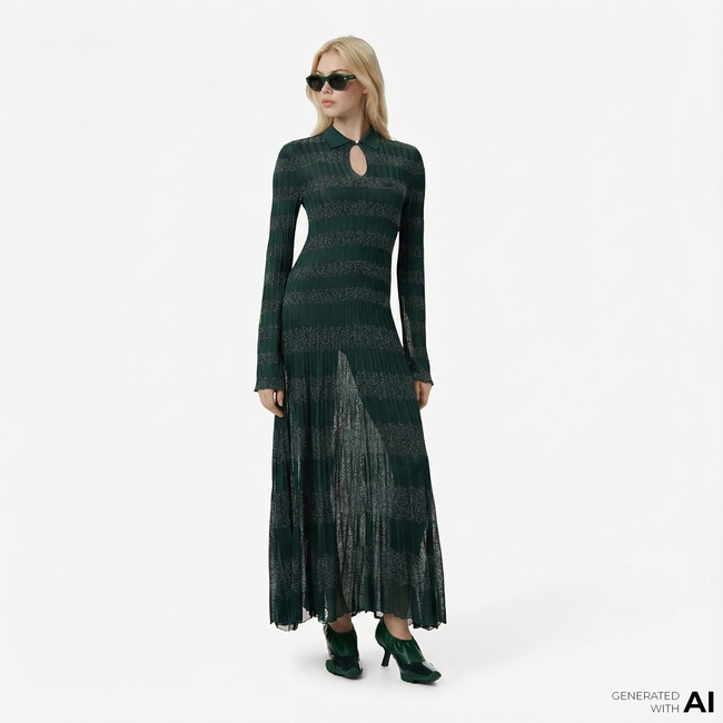  Lacoste Runway Kadın Polo Yaka Desenli Yeşil Elbise