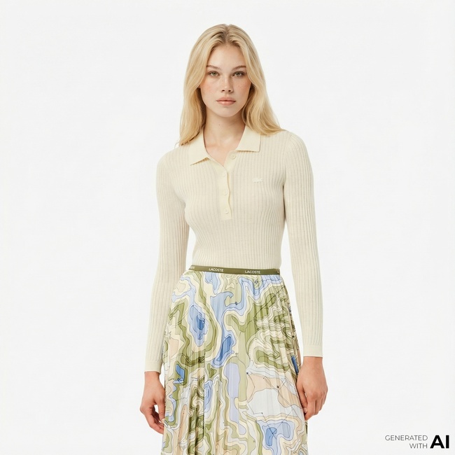  Lacoste Kadın Regular Fit Polo Yaka Krem Kazak