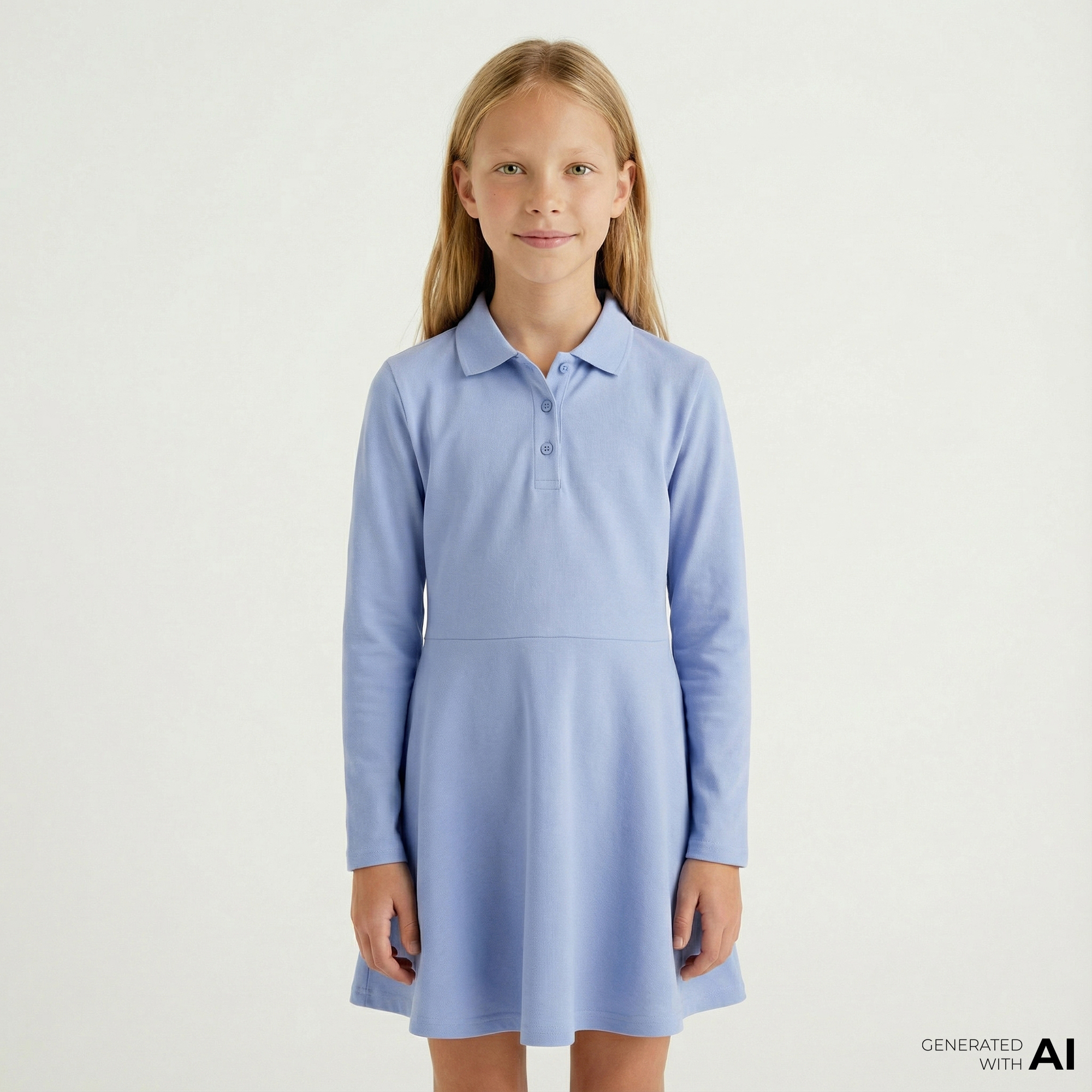  Lacoste Kız Çocuk Uzun Kollu Polo Yaka Mavi Elbise