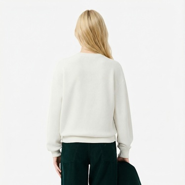  Lacoste Kadın Relaxed Fit Bisiklet Yaka Beyaz Kazak