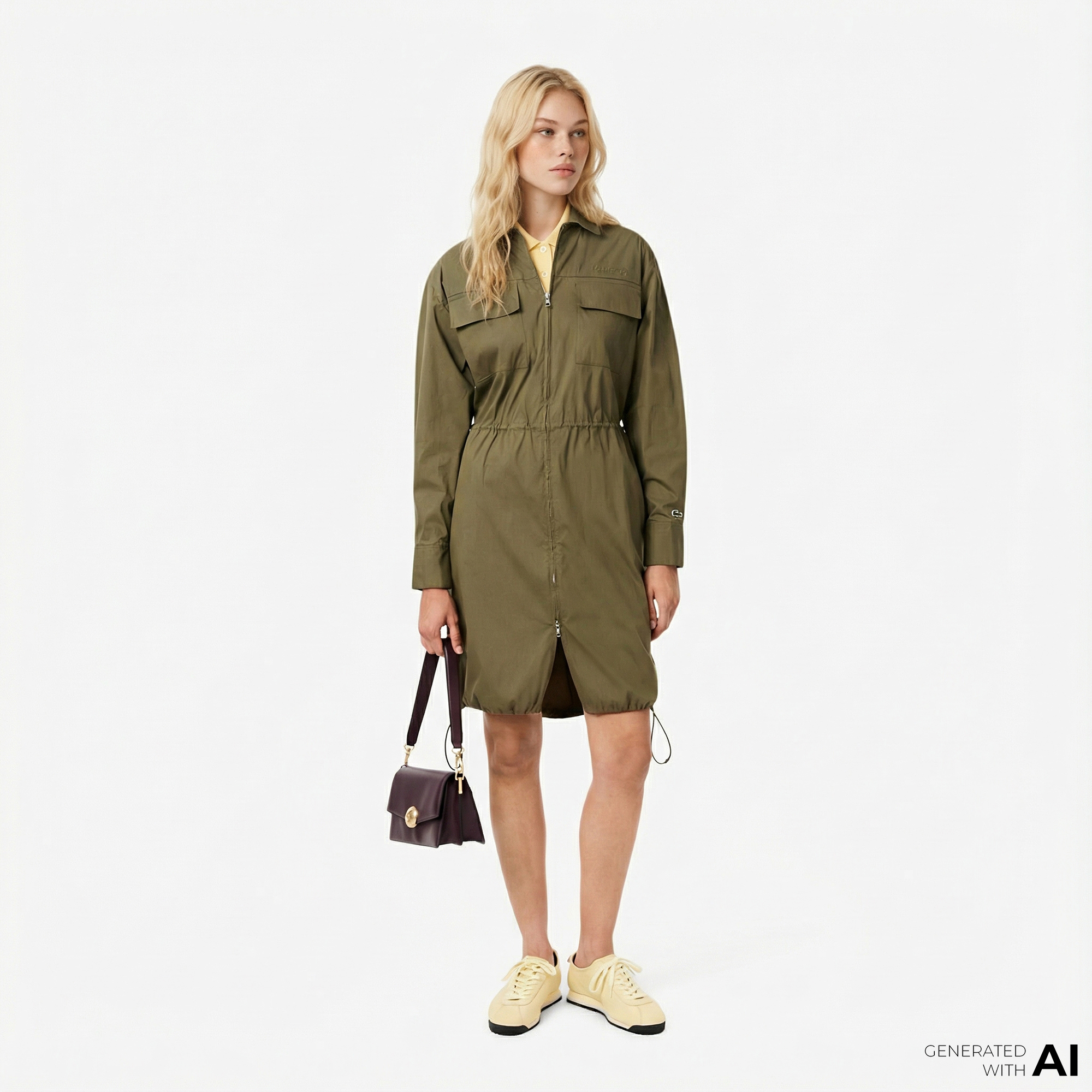  Lacoste Kadın Oversize Fit Uzun Kollu Fermuarlı Haki Elbise