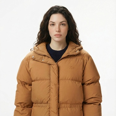  Lacoste Kadın Kapüşonlu Açık Kahverengi Mont