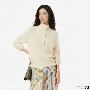  Lacoste Kadın Classic Fit Dik Yaka Krem Kazak